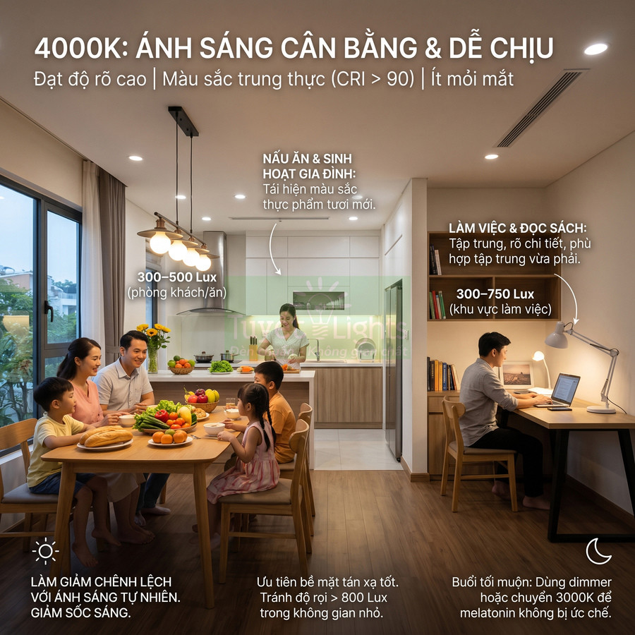 Đèn LED ánh sáng 4000K chiếu sáng phòng bếp và phòng ăn gia đình, tạo không gian ấm cúng và dễ chịu
