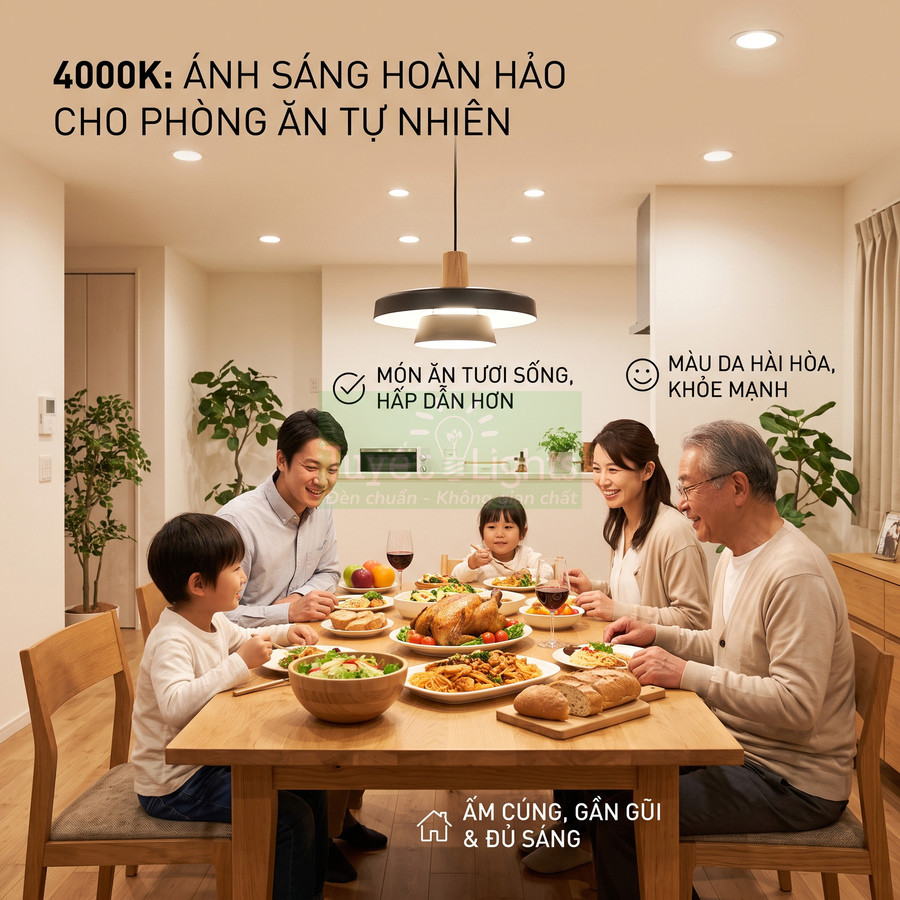Đèn trần LED ánh sáng 4000K chiếu sáng bàn ăn gia đình, giúp món ăn tươi ngon và không gian ấm cúng