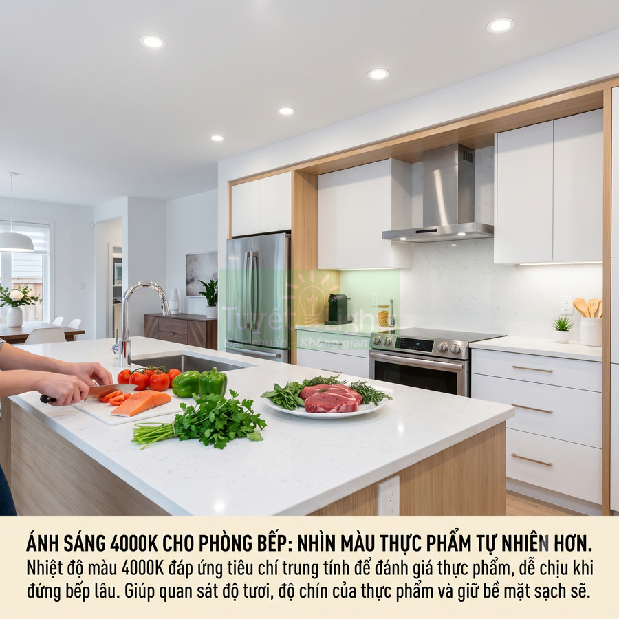 Đèn led âm trần ánh sáng 4000K chiếu sáng bàn bếp hiện đại với thực phẩm tươi sống