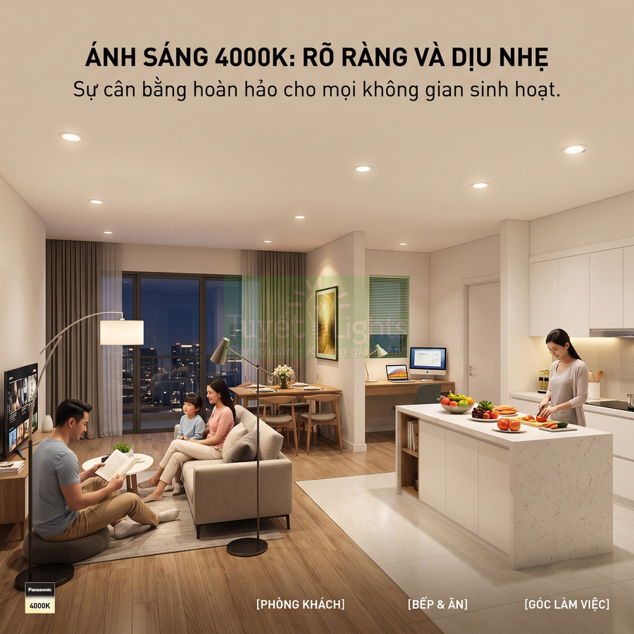 Đèn LED Panasonic ánh sáng 4000K chiếu sáng phòng khách, bếp và góc làm việc trong căn hộ hiện đại
