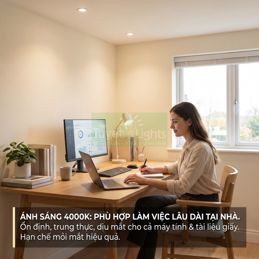 Đèn LED âm trần ánh sáng 4000K chiếu sáng bàn làm việc tại nhà với máy tính và laptop