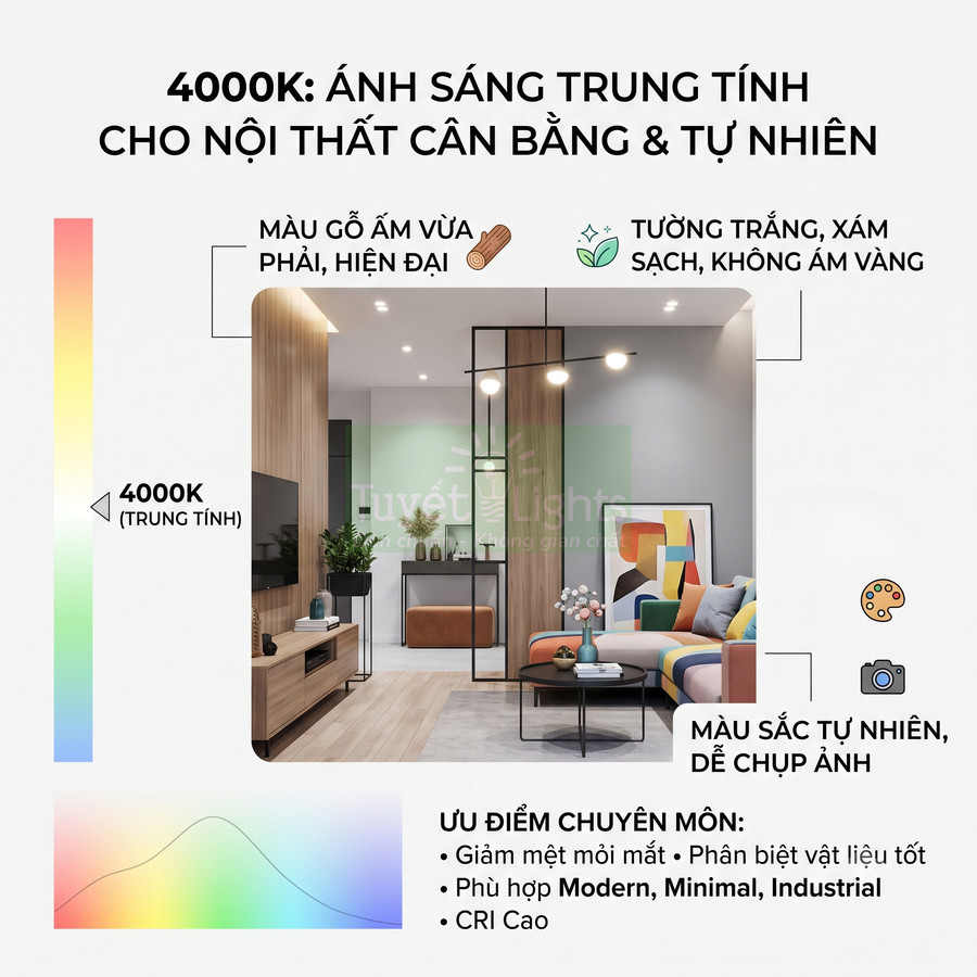 Đèn LED 4000K ánh sáng trung tính cho phòng khách hiện đại với nội thất gỗ và tường trắng xám tự nhiên