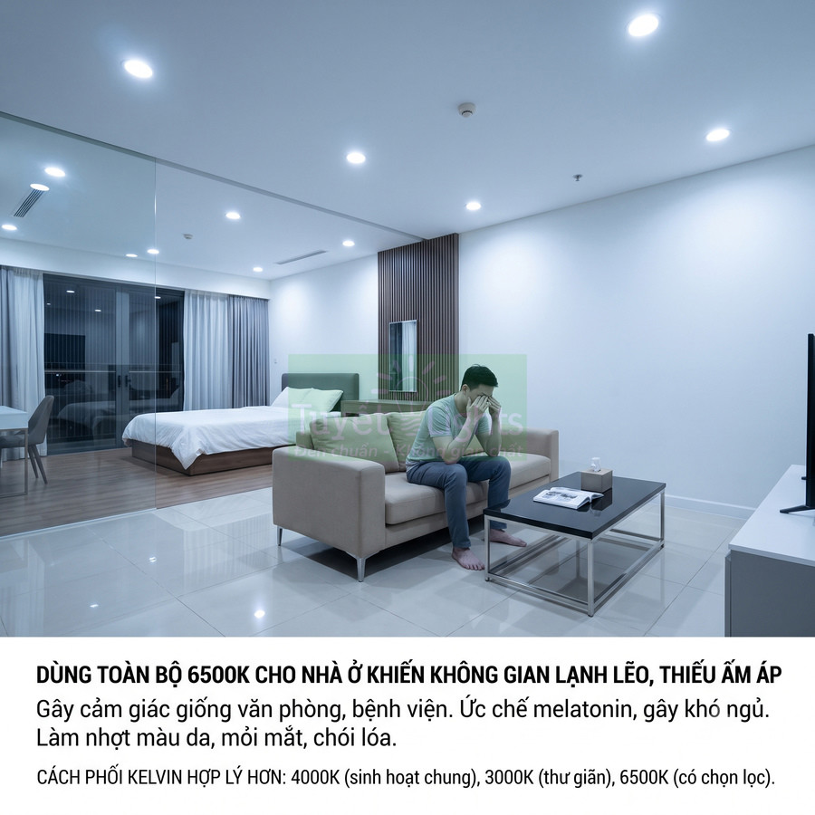 Phòng khách và phòng ngủ dùng toàn bộ đèn LED 6500K tạo ánh sáng lạnh, người đàn ông ngồi trên sofa mệt mỏi
