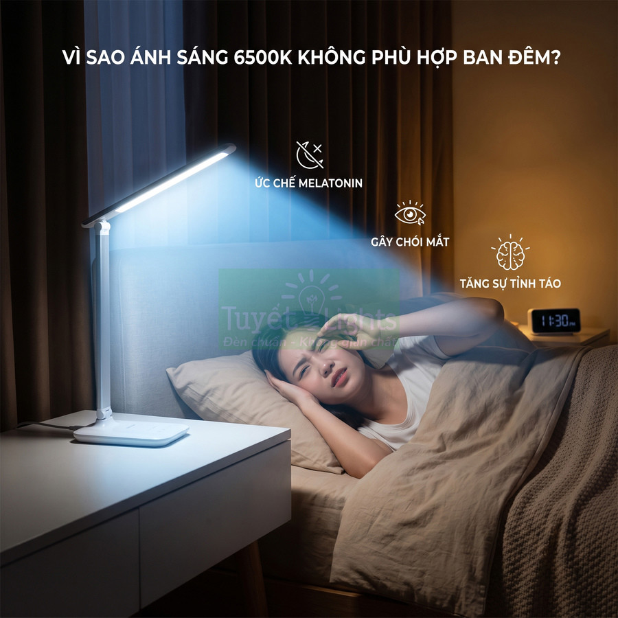 Đèn bàn ánh sáng trắng 6500K chiếu mạnh vào người phụ nữ nằm trên giường gây khó ngủ ban đêm
