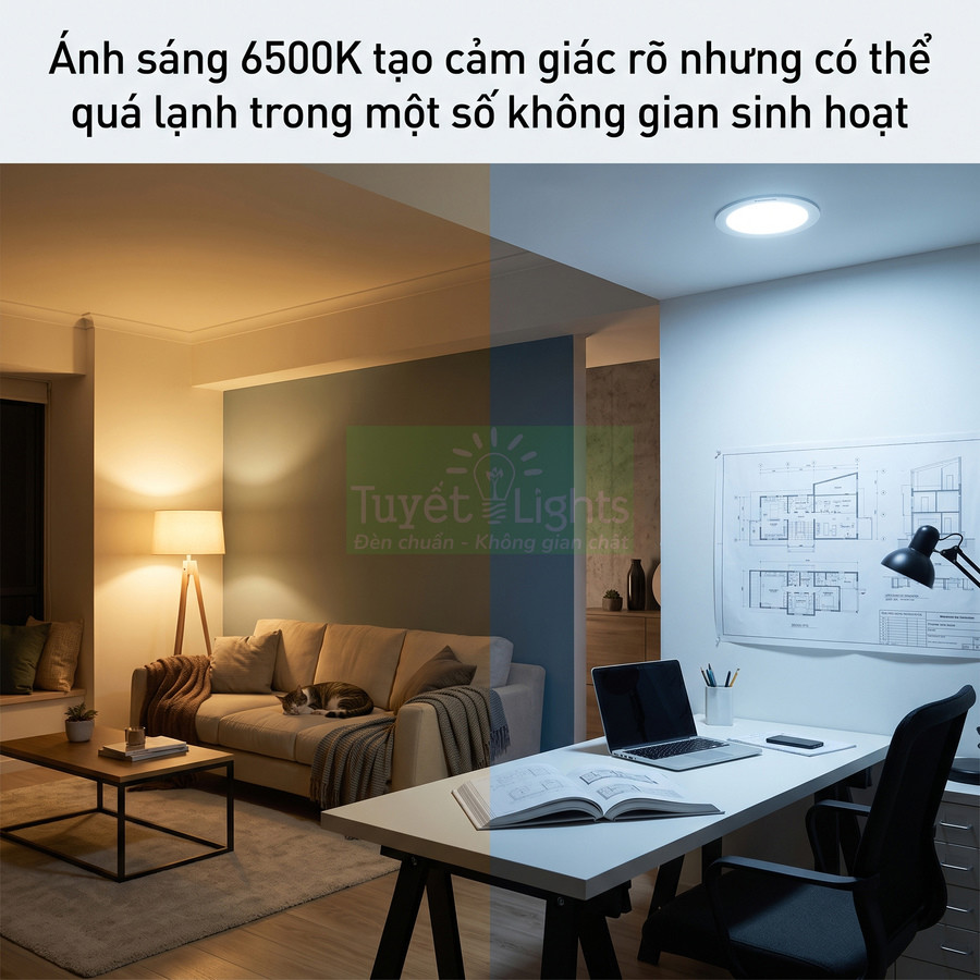 So sánh ánh sáng ấm và ánh sáng trắng 6500K của đèn Tuyết Lights trong phòng khách và góc làm việc
