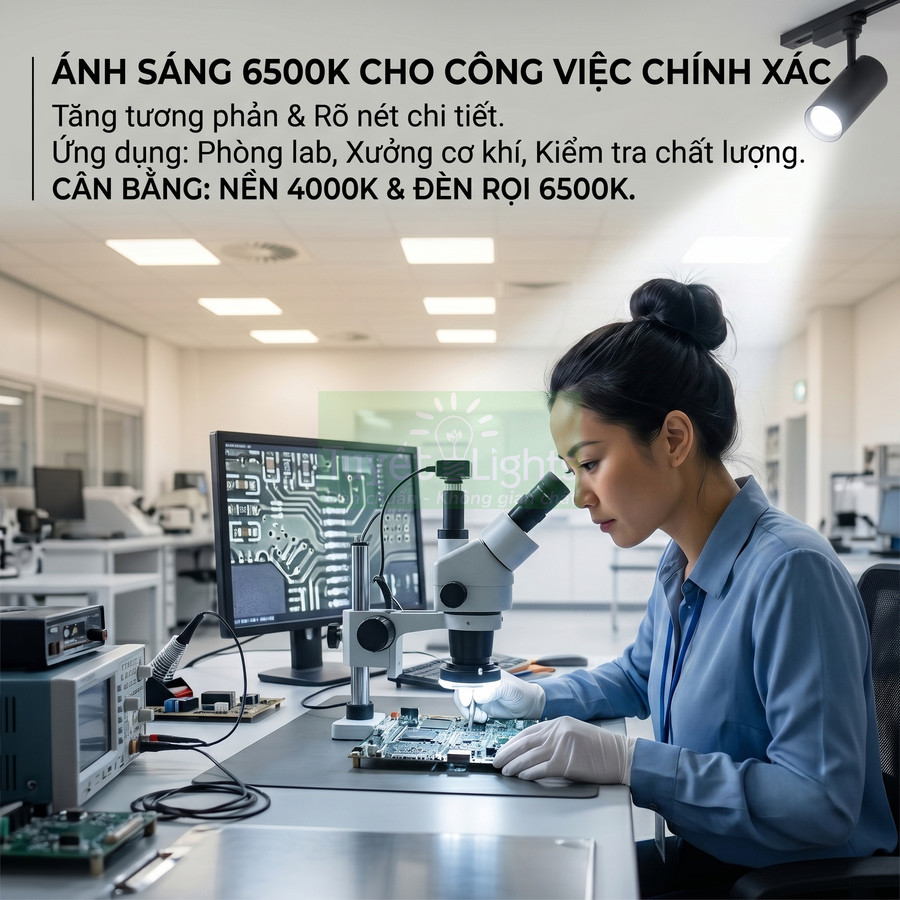 Đèn rọi 6500K chiếu sáng bàn lab, kỹ sư dùng kính hiển vi kiểm tra mạch điện tử chi tiết