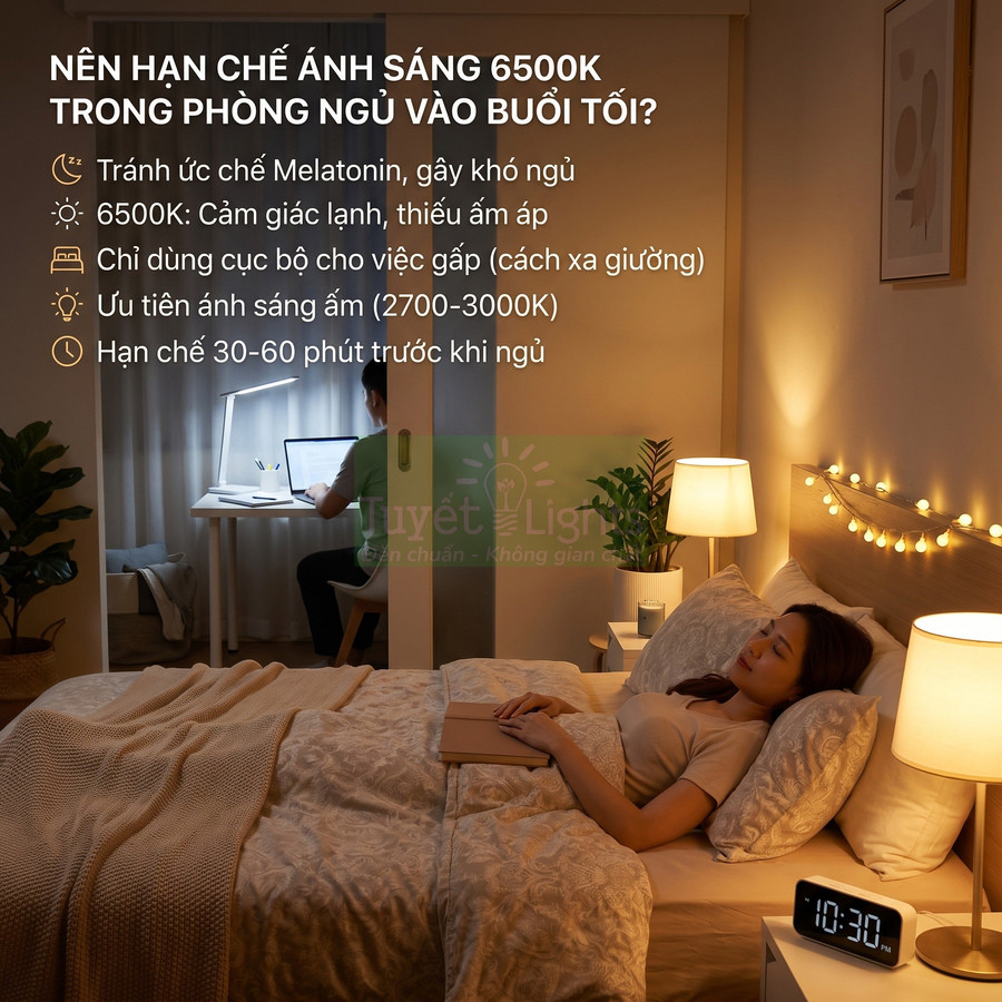 Đèn ngủ ánh sáng vàng ấm áp trong phòng ngủ, giúp thư giãn và dễ ngủ hơn so với ánh sáng trắng 6500K