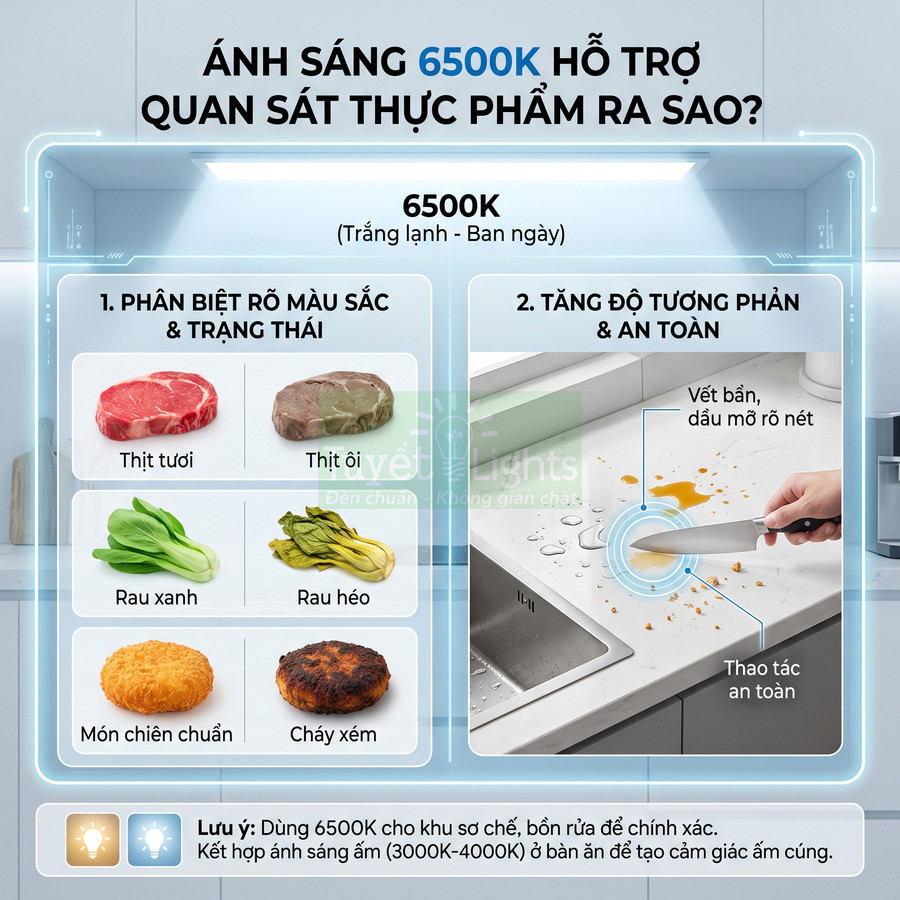 Đèn LED ánh sáng trắng 6500K chiếu bếp giúp quan sát thực phẩm rõ màu sắc và vết bẩn trên mặt bàn