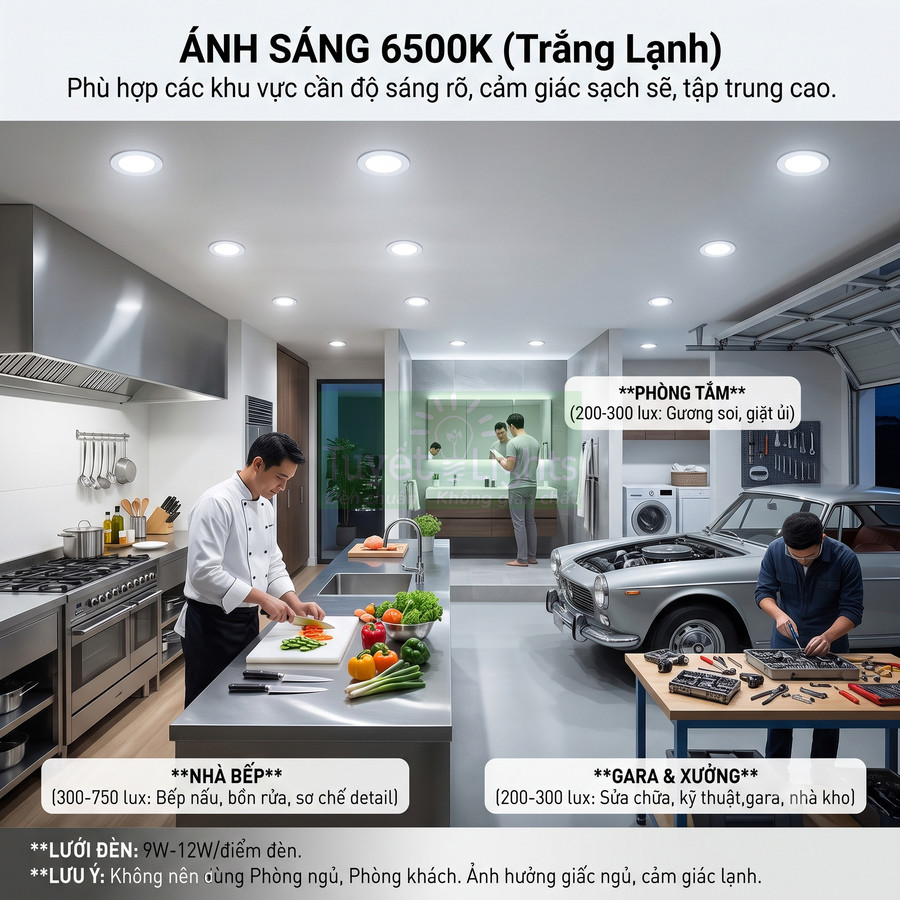 Đèn LED âm trần ánh sáng trắng lạnh 6500K chiếu sáng nhà bếp, phòng tắm và gara sửa chữa xe