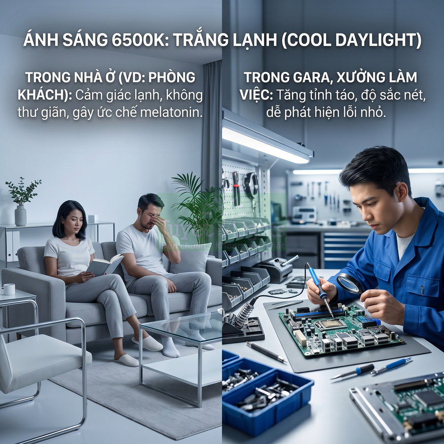So sánh ánh sáng 6500K trong phòng khách gây khó chịu và trong xưởng sửa chữa giúp thợ điện tử làm việc tập trung