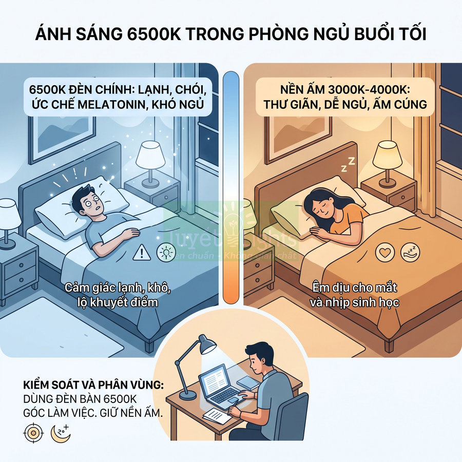 So sánh ánh sáng đèn 6500K và đèn vàng 3000K 4000K trong phòng ngủ và góc làm việc ban đêm