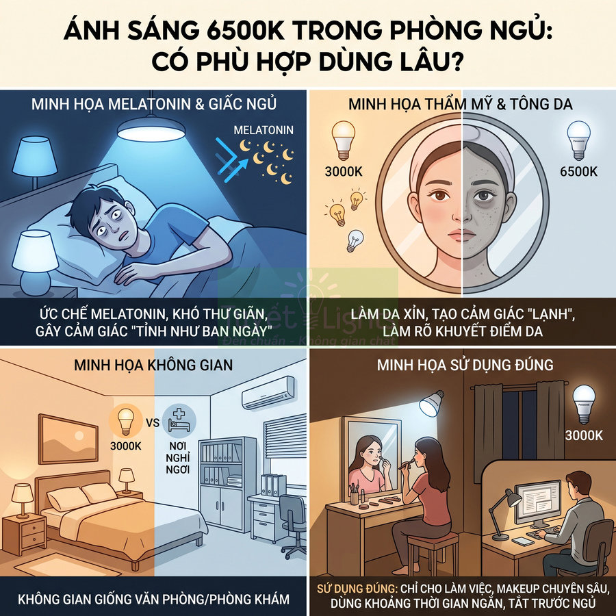 Minh họa tác hại và cách dùng đúng đèn LED ánh sáng 6500K trong phòng ngủ so với đèn 3000K