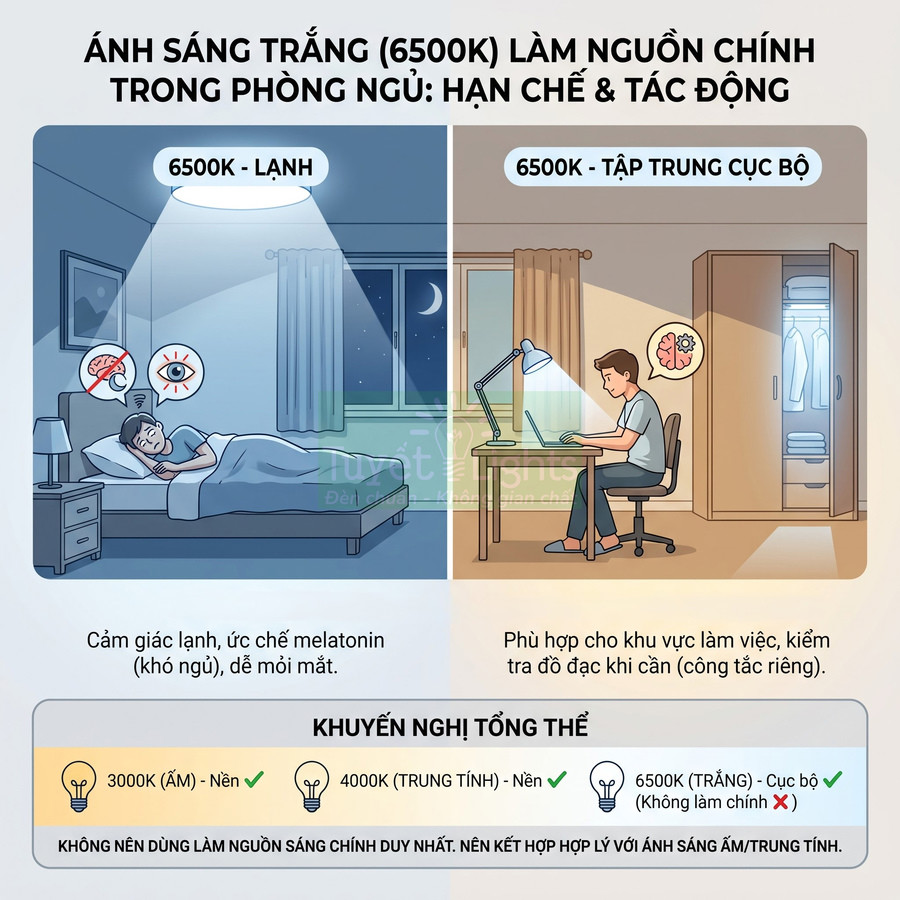So sánh tác động ánh sáng trắng 6500K trong phòng ngủ và khu vực làm việc, khuyến nghị dùng đèn 3000K 4000K làm nền