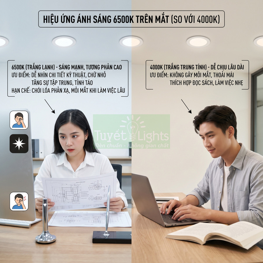 So sánh ánh sáng đèn LED 6500K và 4000K của Tuyết Lights khi làm việc trên máy tính trong văn phòng