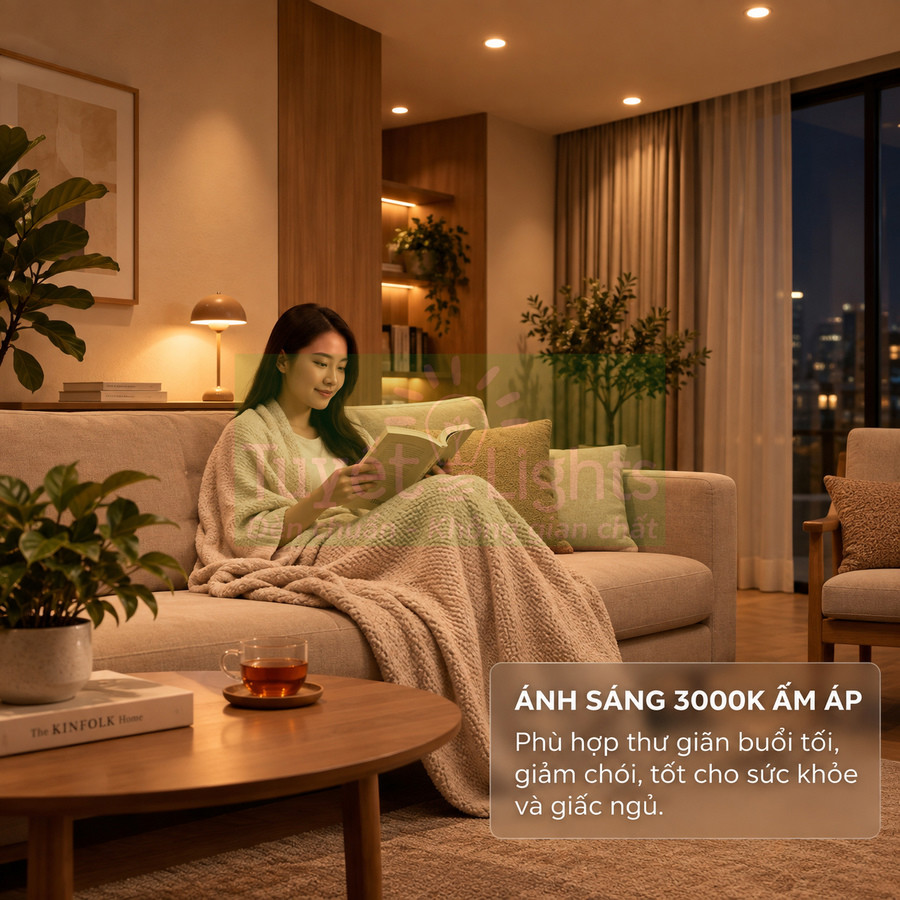 Đèn LED ánh sáng vàng 3000K chiếu sáng phòng khách ấm áp, giúp người phụ nữ thư giãn đọc sách buổi tối