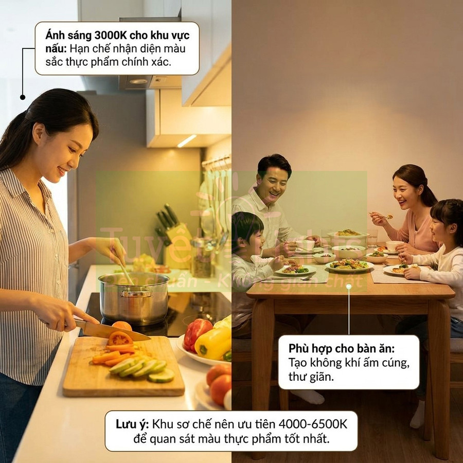Gia đình dùng đèn ánh sáng vàng 3000K trong bếp và bàn ăn tạo không gian ấm cúng, thư giãn
