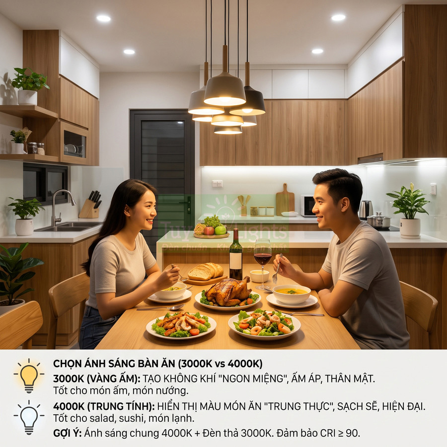 Đèn thả bàn ăn ánh sáng vàng ấm 3000K chiếu trên bàn ăn tối lãng mạn trong căn bếp hiện đại