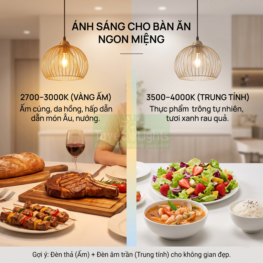 Đèn thả bàn ăn Tuyết Lights với hai tông màu ánh sáng vàng ấm và trung tính chiếu lên các món ăn hấp dẫn
