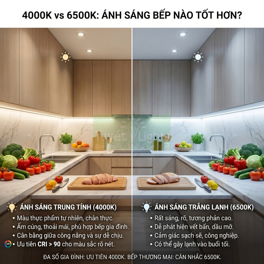 So sánh ánh sáng bếp 4000K trung tính và 6500K trắng lạnh chiếu lên tủ bếp, mặt đá và rau củ tươi