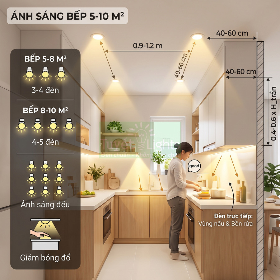 Bố trí đèn âm trần và đèn led chiếu trực tiếp cho căn bếp nhỏ hiện đại 5 đến 10 mét vuông