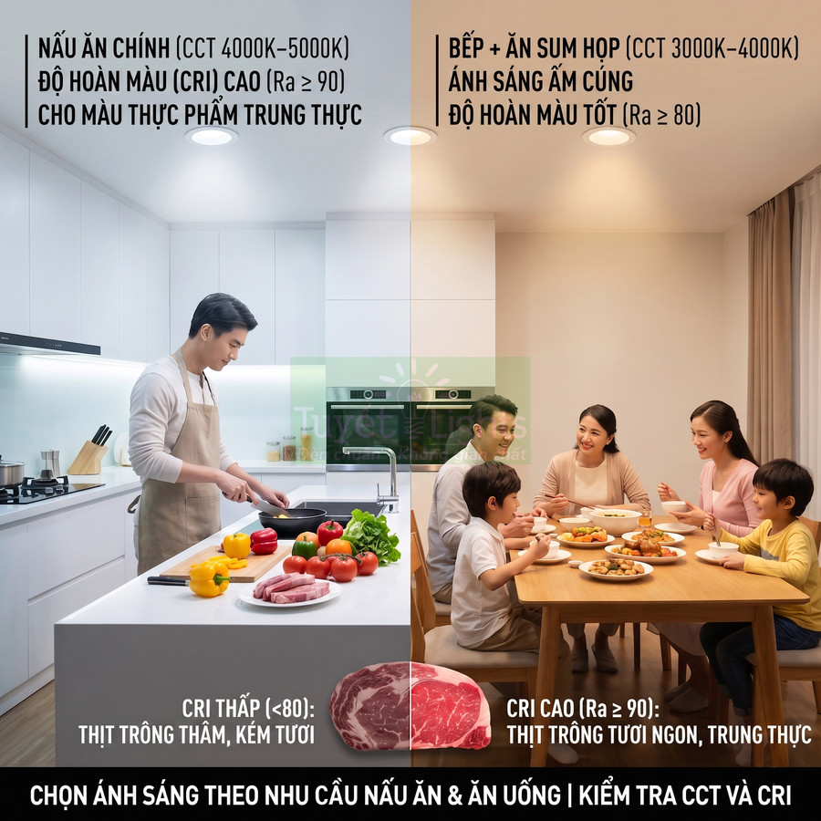 So sánh đèn LED chiếu sáng bếp và bàn ăn, minh họa CRI và nhiệt độ màu giúp thực phẩm trông tươi ngon hơn