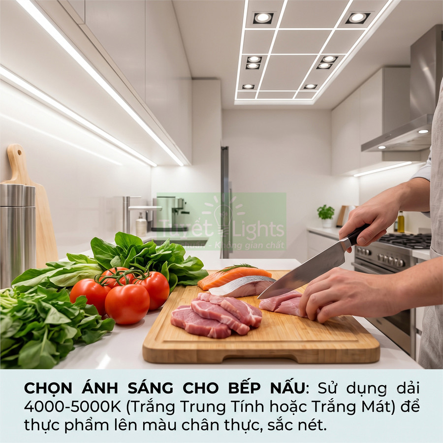 Đèn LED chiếu sáng bếp hiện đại, người dùng thái thịt và cá trên thớt gỗ cạnh rau củ tươi