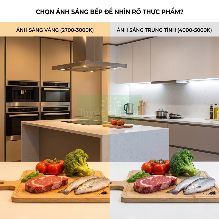So sánh ánh sáng vàng và ánh sáng trung tính trong bếp với thớt thịt cá rau củ trên bàn