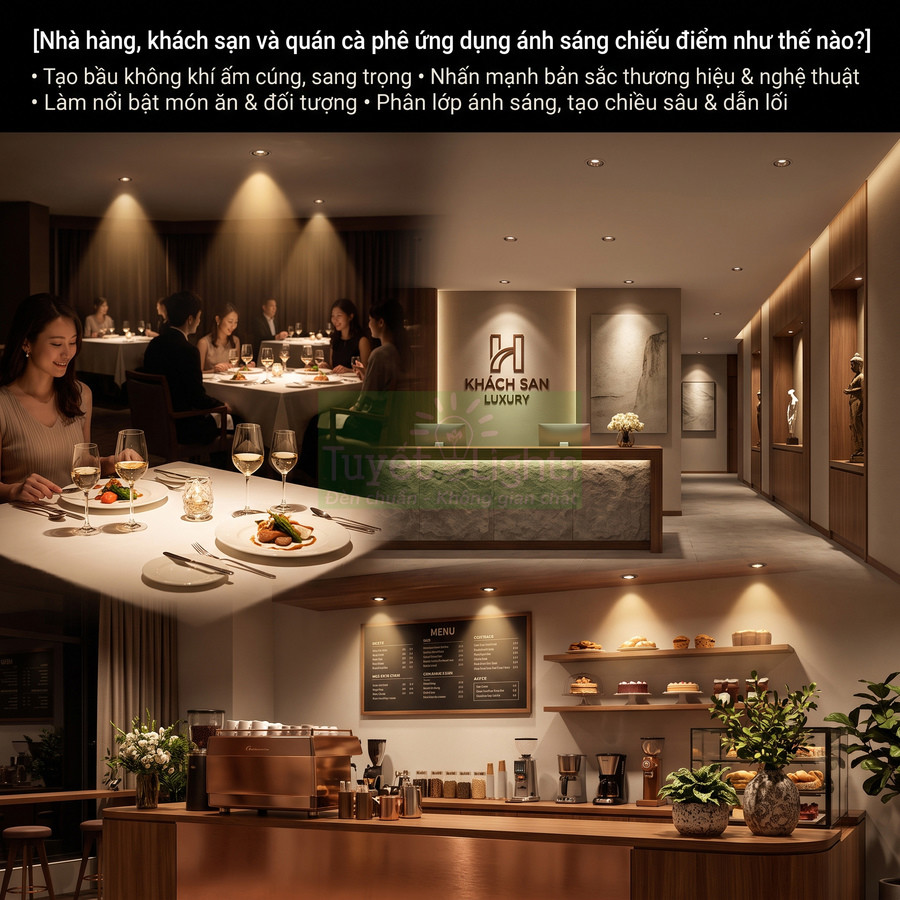 Không gian nhà hàng, khách sạn và quán cà phê sang trọng với hệ thống đèn chiếu điểm làm nổi bật bàn ăn và quầy bar