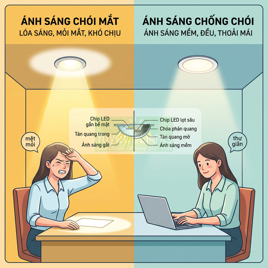 So sánh đèn LED thường gây chói mắt với đèn LED chống chói ánh sáng mềm giúp làm việc thoải mái