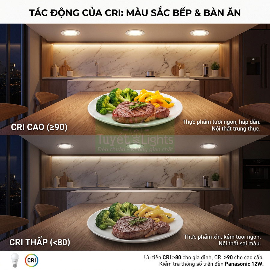 So sánh ánh sáng đèn Panasonic CRI cao và thấp trong bếp với đĩa bít tết và rau trên bàn ăn