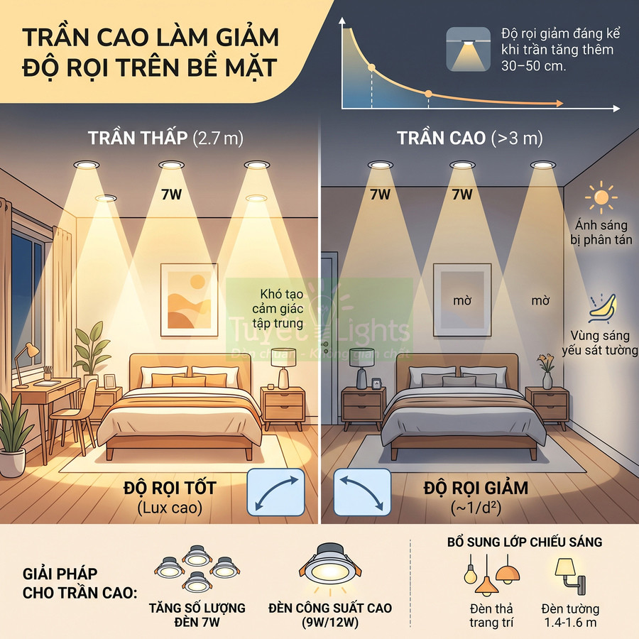 Minh họa phòng ngủ so sánh độ rọi đèn âm trần trần thấp và trần cao, gợi ý tăng số lượng và công suất đèn