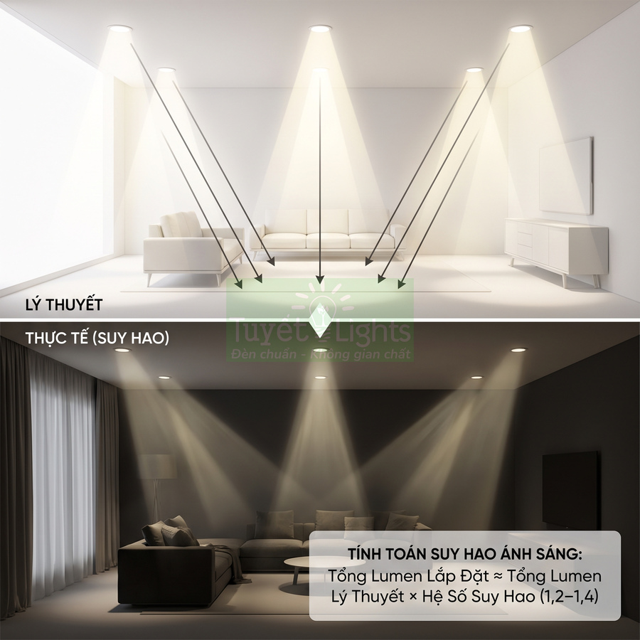 Đèn downlight âm trần Tuyết Lights chiếu sáng phòng khách, minh họa sự suy hao ánh sáng thực tế so với lý thuyết