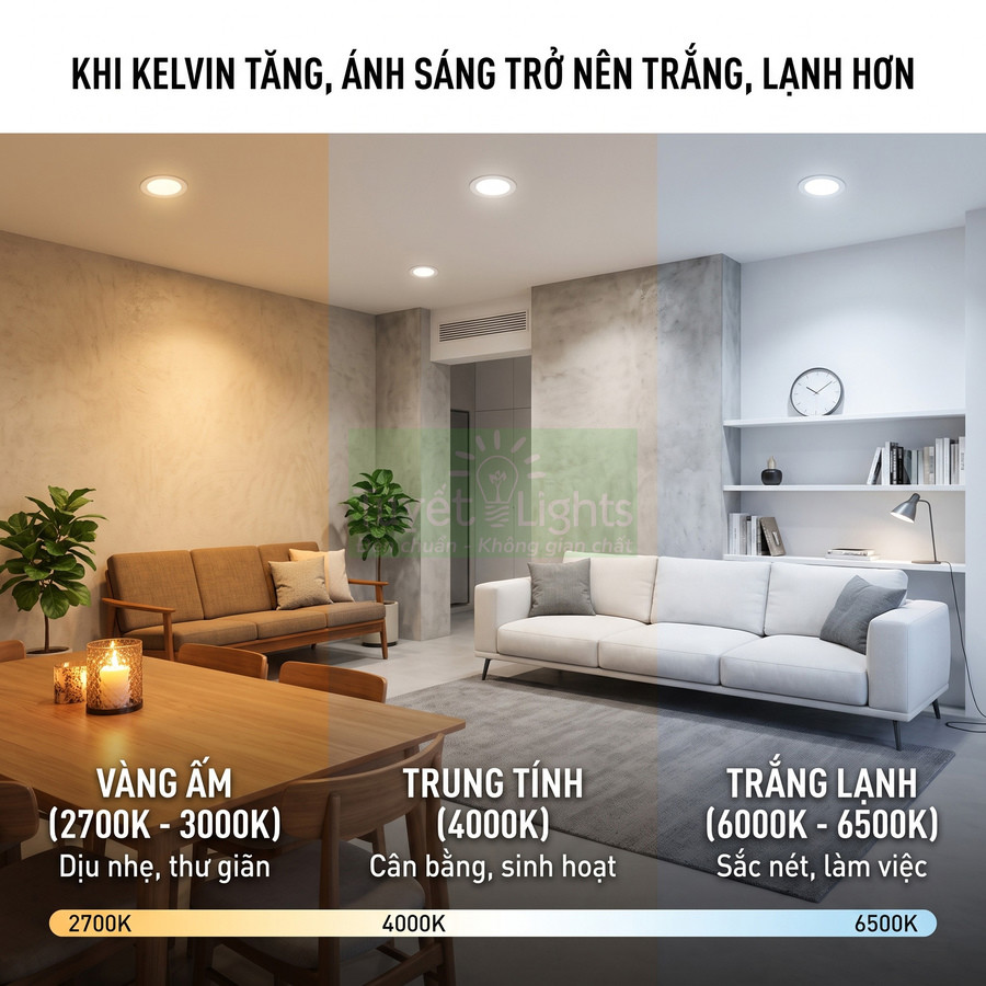 So sánh ánh sáng đèn LED âm trần vàng ấm, trung tính và trắng lạnh trong phòng khách hiện đại