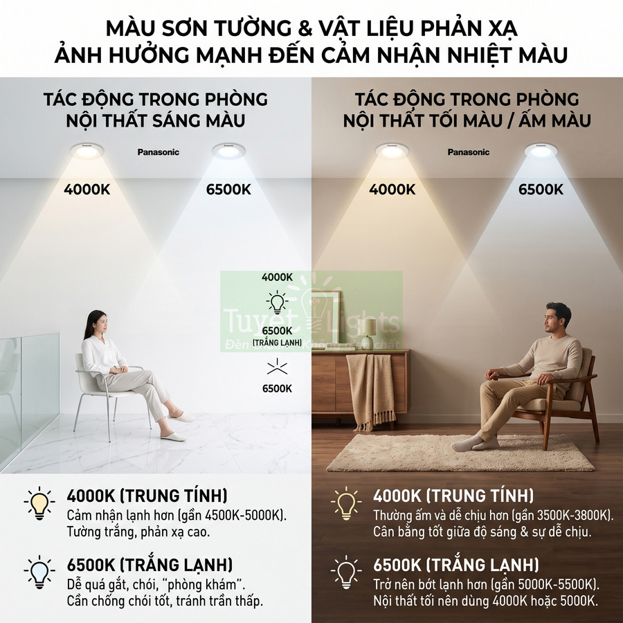 Đèn âm trần Panasonic 4000K và 6500K chiếu sáng phòng nội thất sáng màu và tối màu, so sánh cảm nhận nhiệt màu