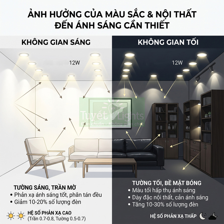 So sánh ánh sáng đèn âm trần 12W cho phòng khách tường sáng và phòng khách tường tối, nội thất khác nhau