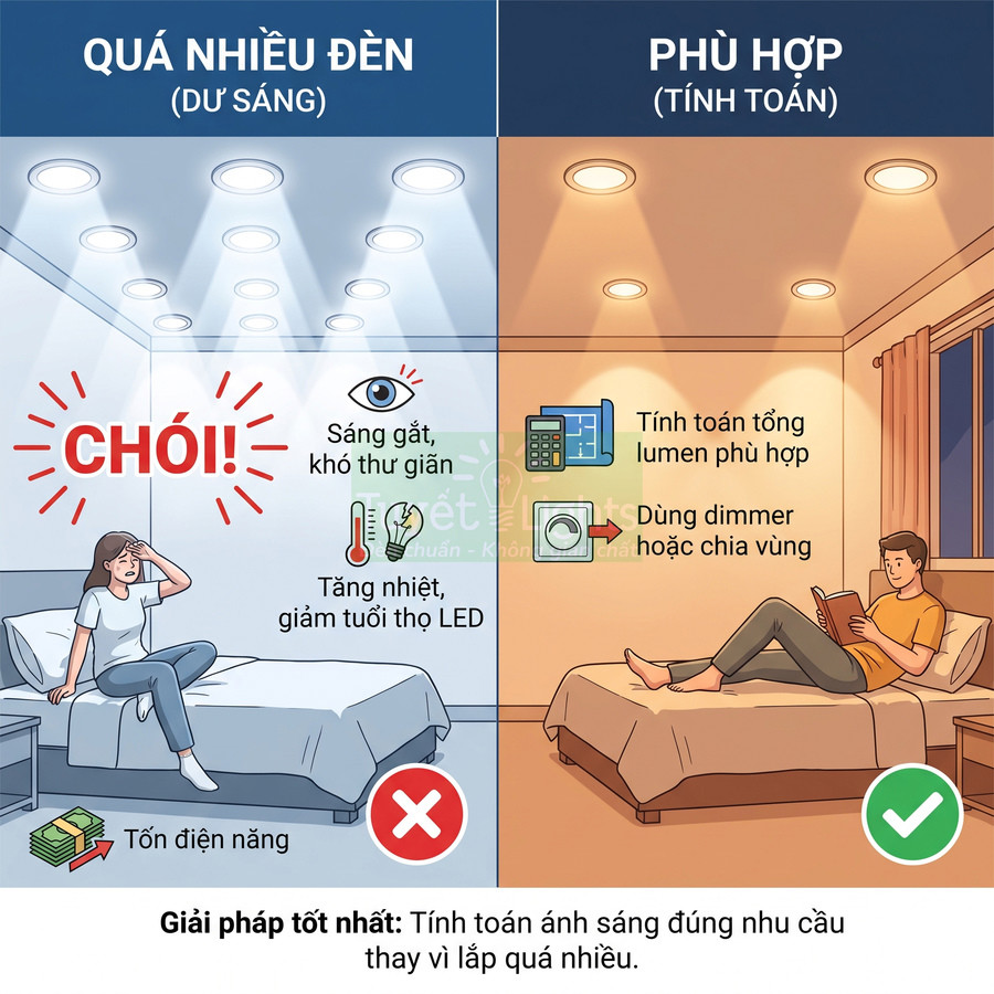 So sánh phòng ngủ dùng quá nhiều đèn LED gây chói với phòng dùng số đèn vừa đủ, ánh sáng ấm dễ chịu