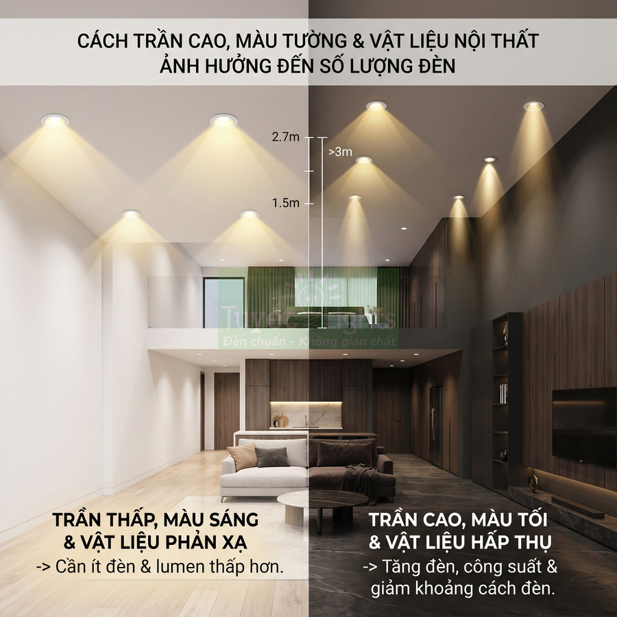 So sánh phòng khách trần thấp sáng và trần cao tối để minh họa số lượng đèn LED âm trần cần dùng