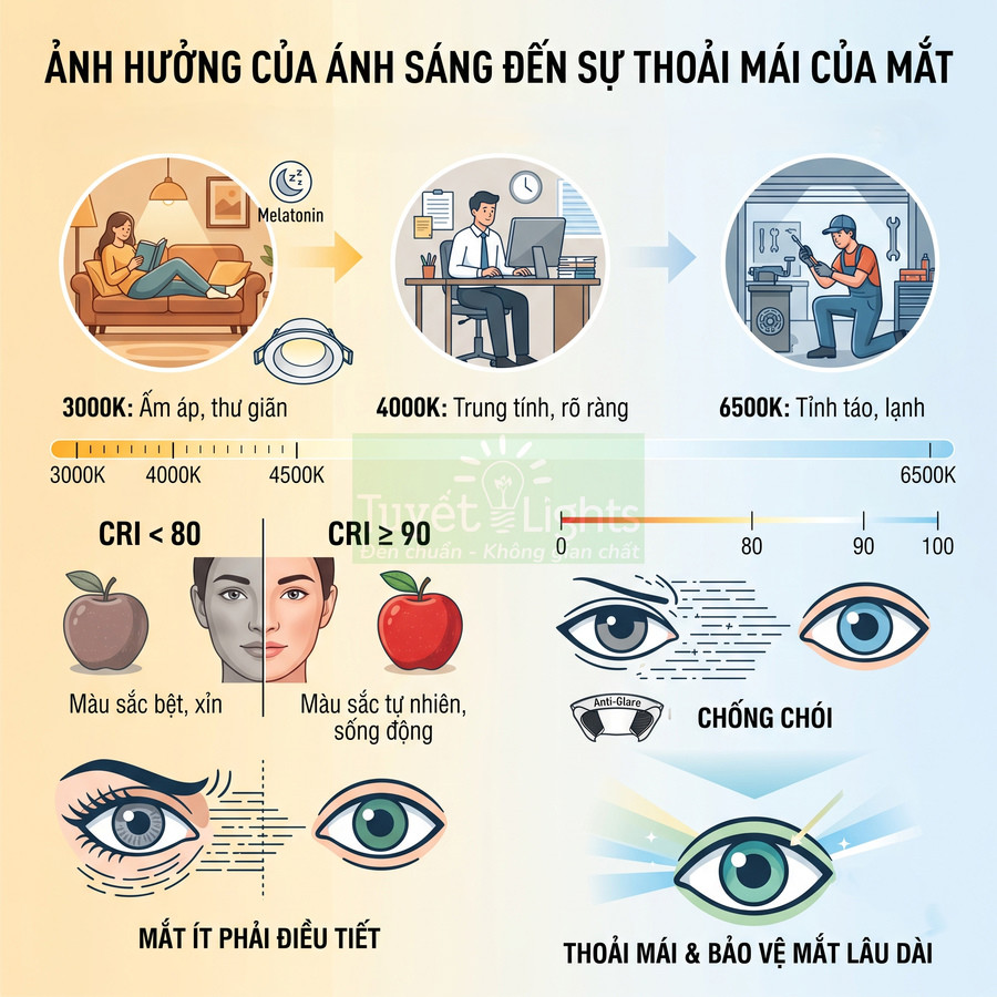 Infographic ảnh hưởng nhiệt độ màu và CRI của đèn LED Tuyết Lights đến sự thoải mái và bảo vệ mắt