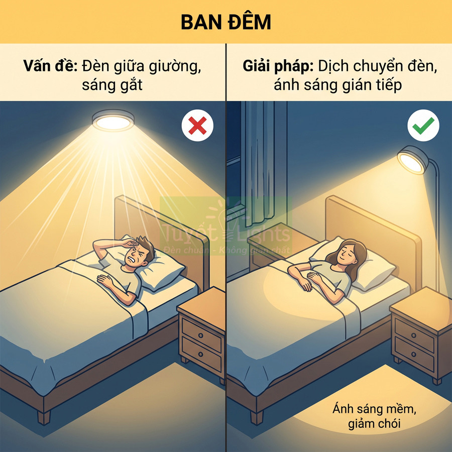 Minh họa so sánh đèn trần chói và đèn ngủ ánh sáng gián tiếp mềm dịu cho phòng ngủ ban đêm