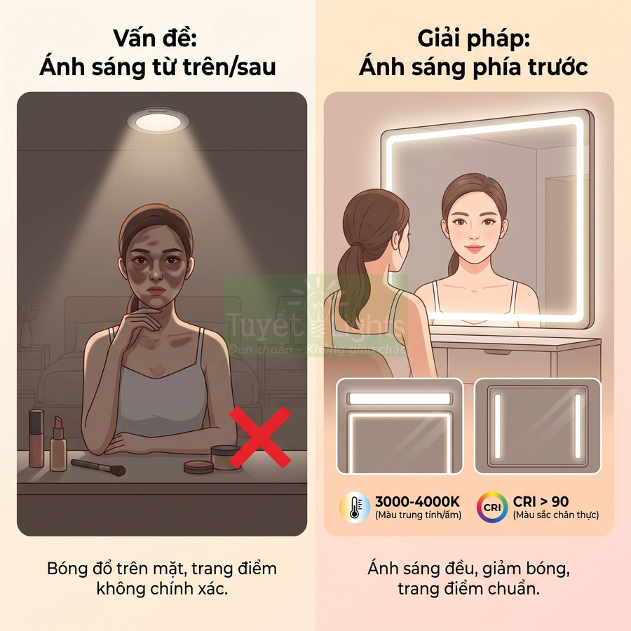 Gương trang điểm đèn LED viền sáng phía trước cho ánh sáng đều, giảm bóng đổ, hỗ trợ trang điểm chính xác