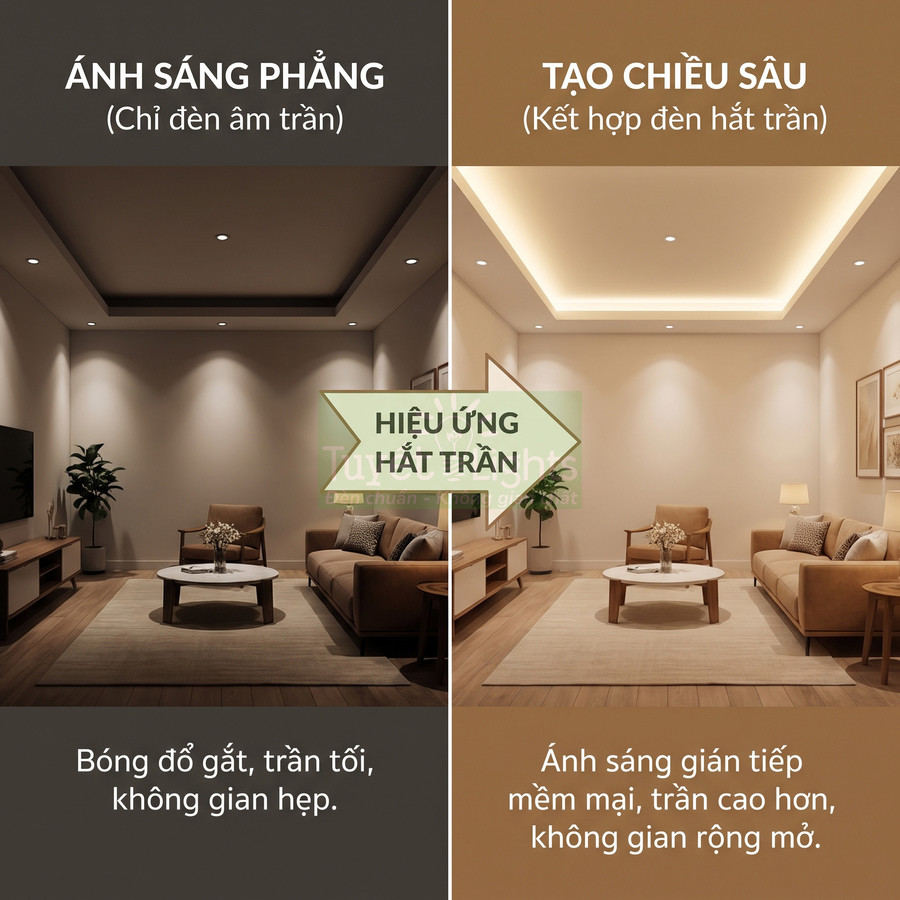 So sánh phòng khách dùng đèn âm trần và đèn hắt trần, thể hiện hiệu ứng ánh sáng phẳng và tạo chiều sâu