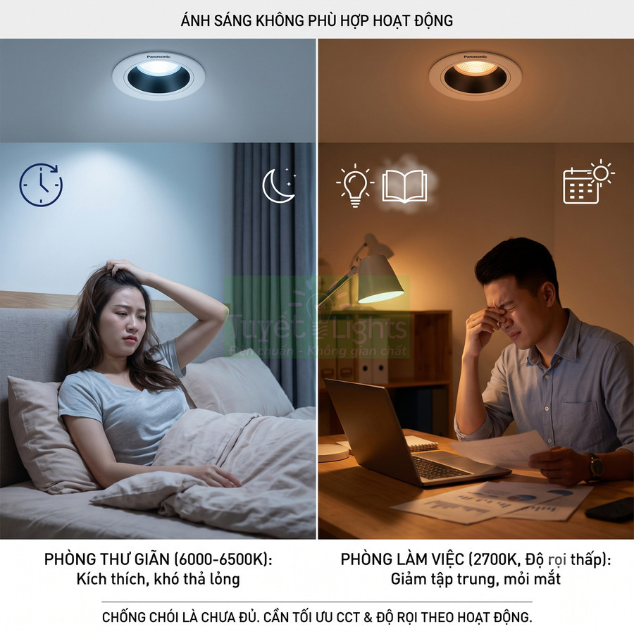 Đèn âm trần Panasonic chiếu sáng sai nhiệt độ màu cho phòng ngủ và phòng làm việc gây khó chịu, mỏi mắt