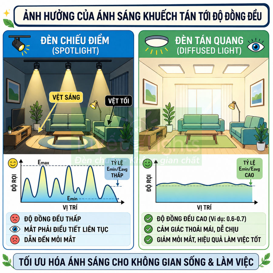 So sánh phòng khách dùng đèn chiếu điểm và đèn tán quang, minh họa độ đồng đều và sự thoải mái ánh sáng