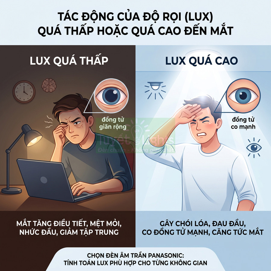 Infographic tác động độ rọi lux quá thấp hoặc quá cao đến mắt và gợi ý chọn đèn âm trần Panasonic phù hợp