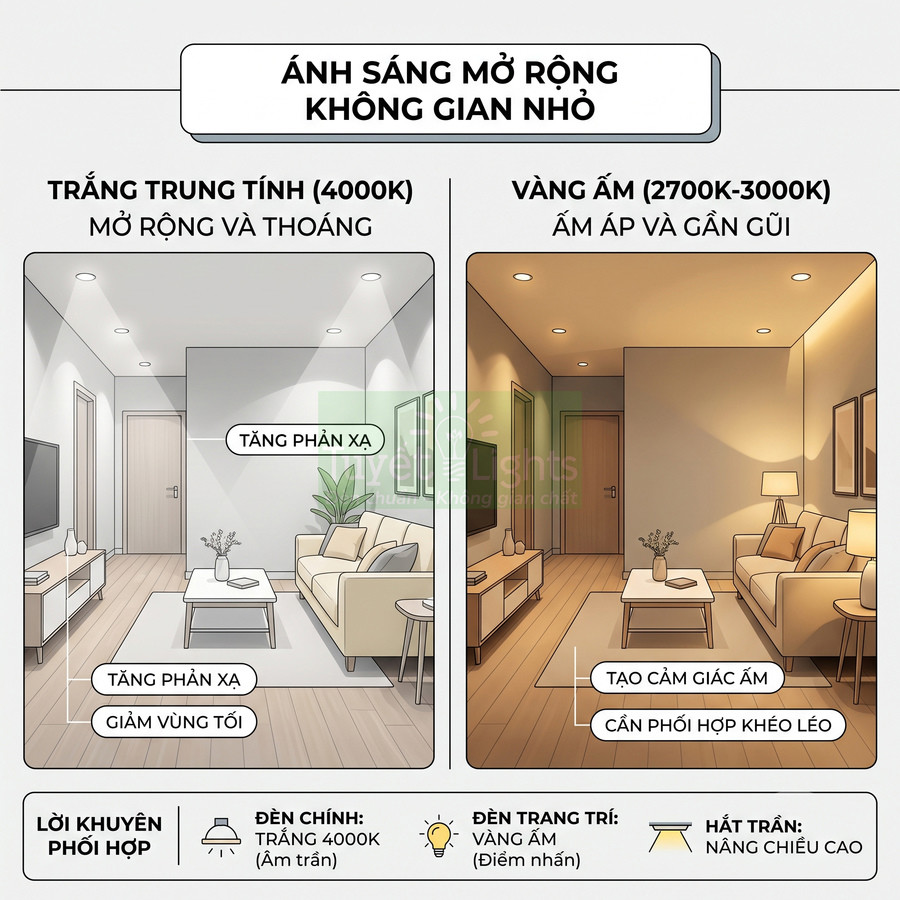 So sánh phòng khách dùng đèn trần ánh sáng trắng 4000K và đèn vàng ấm 2700K 3000K cho không gian nhỏ
