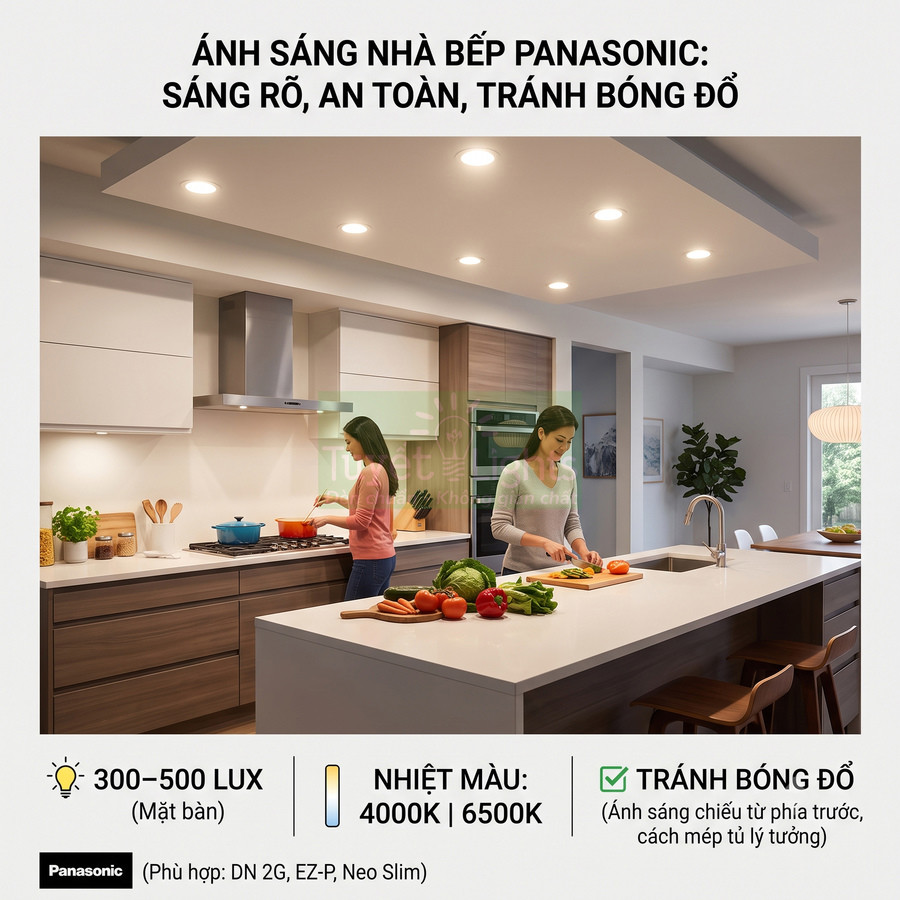 Đèn âm trần Panasonic chiếu sáng nhà bếp hiện đại, hai người phụ nữ nấu ăn trên đảo bếp với rau củ tươi