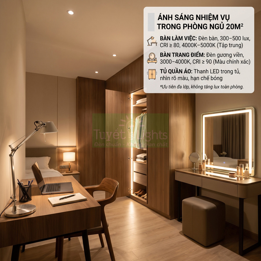 Đèn LED Tuyết Lights chiếu sáng bàn làm việc, tủ quần áo và bàn trang điểm trong phòng ngủ gỗ hiện đại
