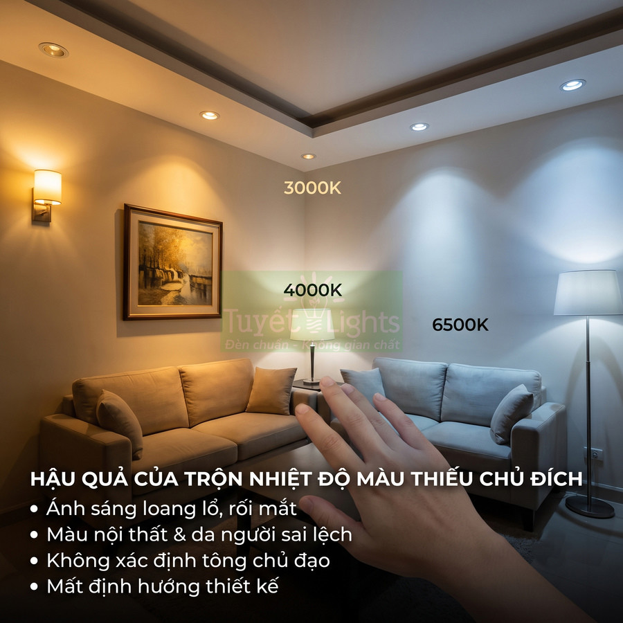 Phòng khách với ghế sofa và đèn Tuyết Lights thể hiện ba nhiệt độ màu 3000K 4000K 6500K