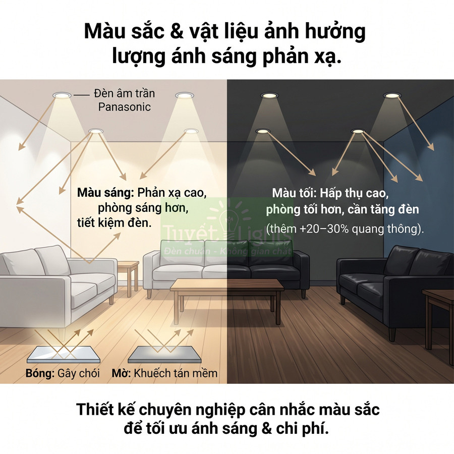 So sánh phòng khách dùng đèn âm trần Panasonic với tường sáng và tối, minh họa hiệu quả phản xạ ánh sáng