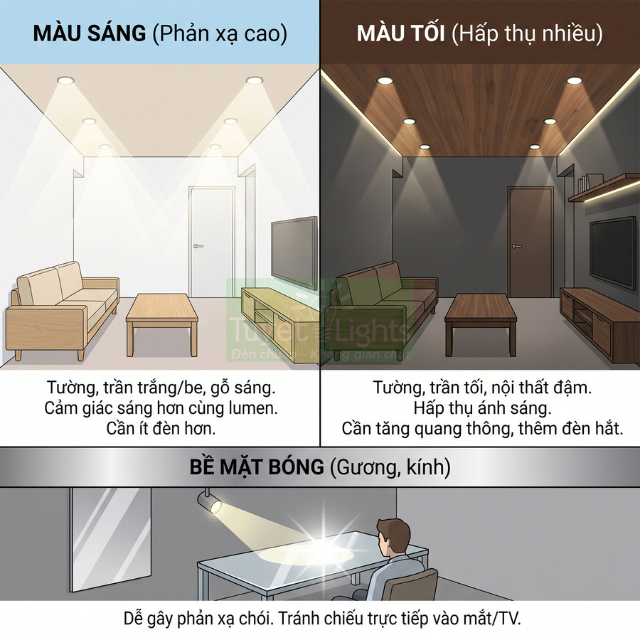 Minh họa so sánh hiệu quả chiếu sáng đèn trần trong phòng màu sáng, phòng màu tối và bề mặt bóng gương kính
